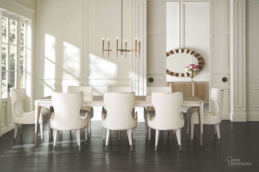 The appearance of Valentina Matte Pearl and Golden Shimmer Extendable Dining Room Set designed by Caracole in the transitional interior design. This white and brown piece of furniture  was selected by 1StopBedrooms from Valentina Collection to add a touch of cosiness and style into your home. Sku: C112-422-201;C112-422-271. Material: Wood. Product Type: Dining Room Set. Size: 46". Image1