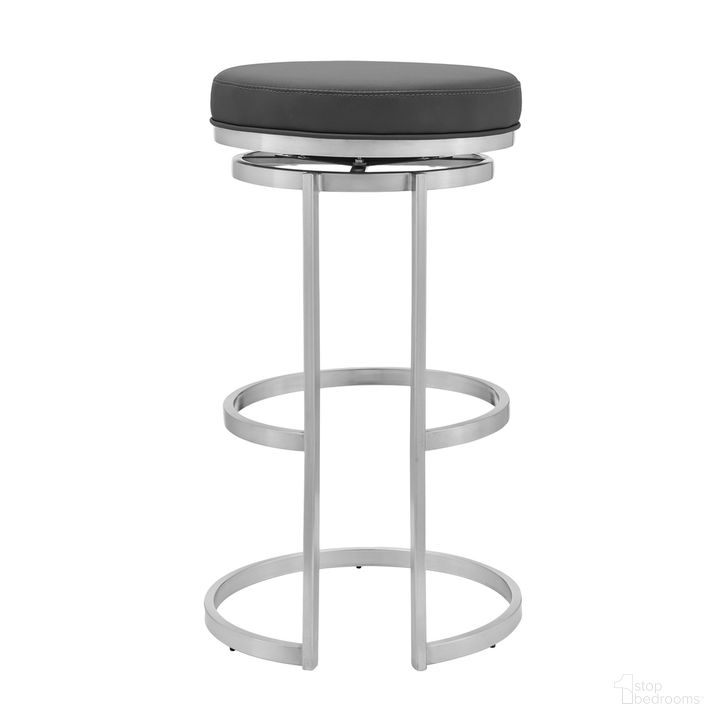 The appearance of Vander 30 Inch Gray Faux Leather and Brushed Stainless Steel Swivel Bar Stool designed by Armen Living in the modern / contemporary interior design. This gray piece of furniture  was selected by 1StopBedrooms from Vander Collection to add a touch of cosiness and style into your home. Sku: LCVDBABSGR30. Product Type: Barstool. Material: Stainless Steel. Image1