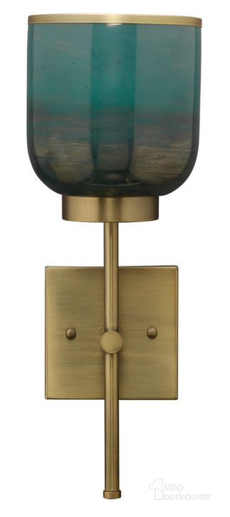 The appearance of Vapor Single Sconce in Antique Brass & Aqua Metallic Glass designed by Jamie Young Company in the transitional interior design. This antique brass piece of furniture  was selected by 1StopBedrooms from Vapor Collection to add a touch of cosiness and style into your home. Sku: 4VAPO-SCAQ. Material: Metal. Product Type: Wall Sconce. Image1