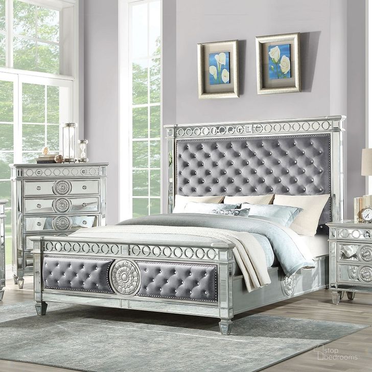 The appearance of Varian Eastern King Bed In Gray Velvet and Mirrored designed by ACME in the glam interior design. This gray piece of furniture  was selected by 1StopBedrooms from Varian Collection to add a touch of cosiness and style into your home. Sku: BD02302EK1;BD02302EK2;BD02302EK3. Material: Wood. Product Type: Bed. Bed Size: King. Image1