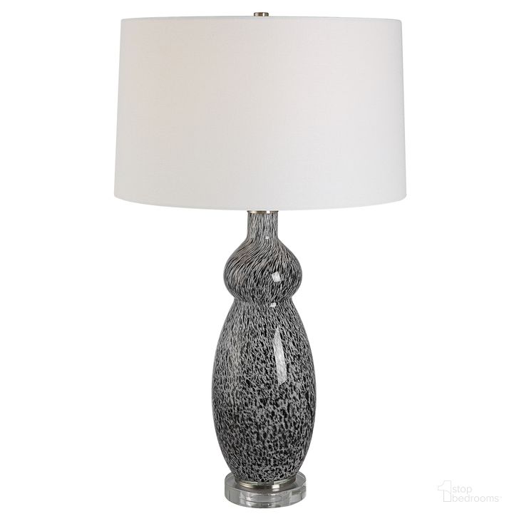 The appearance of Velino Curvy Glass Table Lamp In Gray and Black designed by Uttermost in the  interior design. This gray and black piece of furniture  was selected by 1StopBedrooms from Velino Collection to add a touch of cosiness and style into your home. Sku: 30228. Product Type: Table Lamp. Material: Iron. Image1
