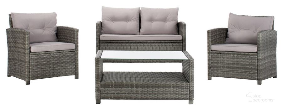 The appearance of Vellor 4Pc Living Set in Grey and Grey designed by Safavieh in the coastal interior design. This grey and grey piece of furniture  was selected by 1StopBedrooms from Vellor Collection to add a touch of cosiness and style into your home. Sku: PAT7516B. Material: Steel. Product Type: Outdoor Set. Image1