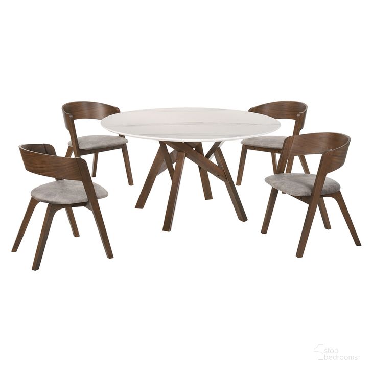 The appearance of Venus and Jackie 5-Piece Walnut and Marble Round Dining Set designed by Armen Living in the modern / contemporary interior design. This gray/brown piece of furniture  was selected by 1StopBedrooms from Venus Collection to add a touch of cosiness and style into your home. Sku: LCVEDIWABX1;LCVEDIWABX2;LCJASIBRWA;LCJASIBRWA. Material: Marble. Product Type: Dining Room Set. Image1
