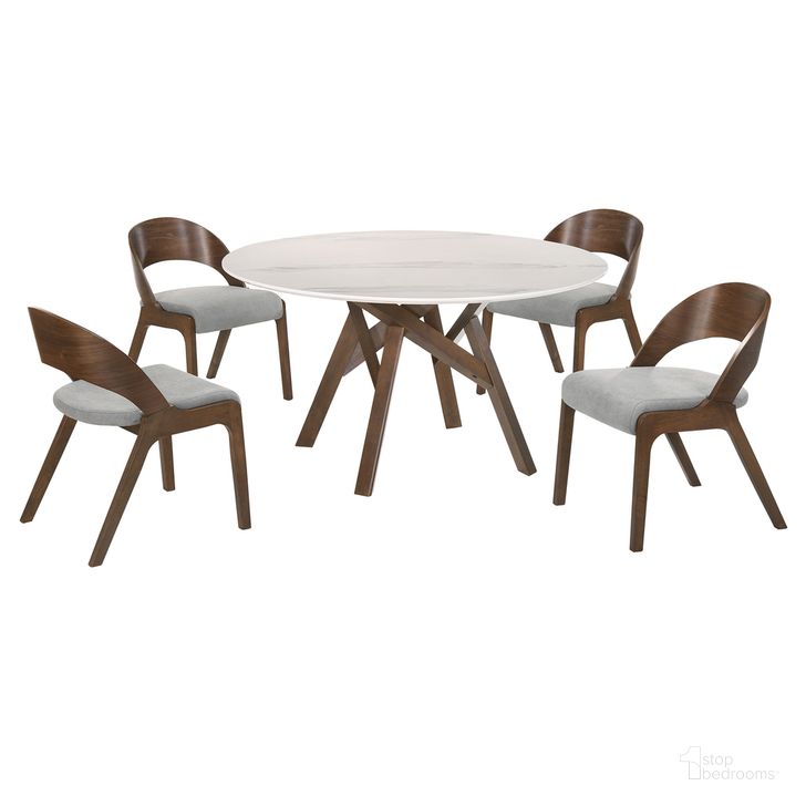 The appearance of Venus and Polly 5-Piece Walnut and Marble Round Dining Set designed by Armen Living in the modern / contemporary interior design. This gray/brown piece of furniture  was selected by 1StopBedrooms from Venus Collection to add a touch of cosiness and style into your home. Sku: LCVEDIWABX1;LCVEDIWABX2;LCPLSIGRWA;LCPLSIGRWA. Material: Marble. Product Type: Dining Room Set. Image1