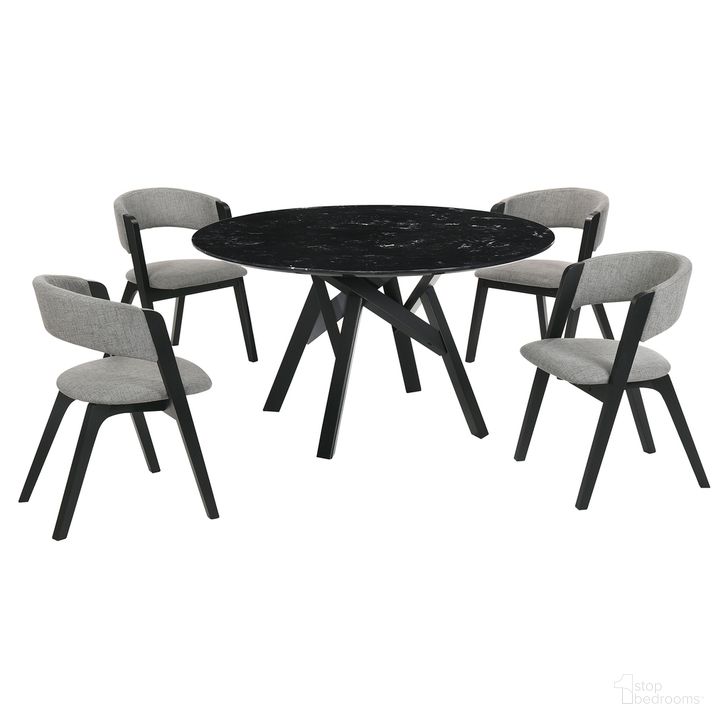 The appearance of Venus and Rowan 5-Piece Black Marble Round Dining Set designed by Armen Living in the modern / contemporary interior design. This black/grey piece of furniture  was selected by 1StopBedrooms from Venus Collection to add a touch of cosiness and style into your home. Sku: LCVEDIBLKBX1;LCVEDIBLKBX2;LCRWSIGRBL;LCRWSIGRBL. Material: Marble. Product Type: Dining Room Set. Image1