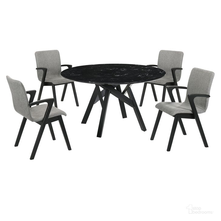 The appearance of Venus and Varde 5-Piece Black Marble Round Dining Set designed by Armen Living in the modern / contemporary interior design. This black/grey piece of furniture  was selected by 1StopBedrooms from Venus Collection to add a touch of cosiness and style into your home. Sku: LCVEDIBLKBX1;LCVEDIBLKBX2;LCVRSIGRBL;LCVRSIGRBL. Material: Marble. Product Type: Dining Room Set. Image1