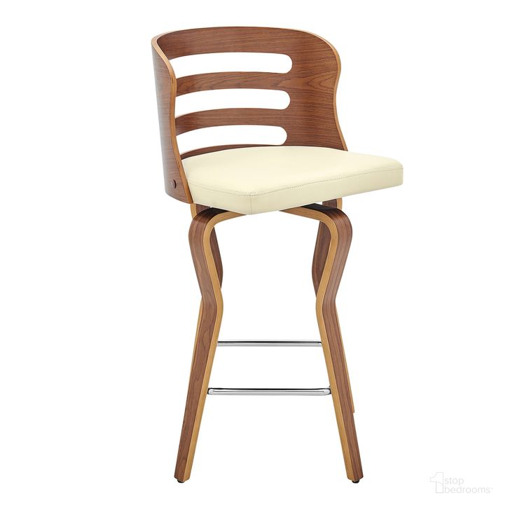 The appearance of Verne 26 Inch Swivel Cream Faux Leather and Walnut Wood Bar Stool designed by Armen Living in the transitional interior design. This cream piece of furniture  was selected by 1StopBedrooms from Verne Collection to add a touch of cosiness and style into your home. Sku: LCVRBAWACR26. Material: Wood. Product Type: Barstool. Image1
