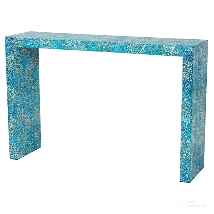 The appearance of Veruca Mother of Pearl Console Table In Cyan designed by Baxton Studio in the bohemian interior design. This cyan piece of furniture  was selected by 1StopBedrooms from Veruca Collection to add a touch of cosiness and style into your home. Sku: F232-FT55-Wooden-Console Table. Product Type: Console Table. Material: MDF. Image1