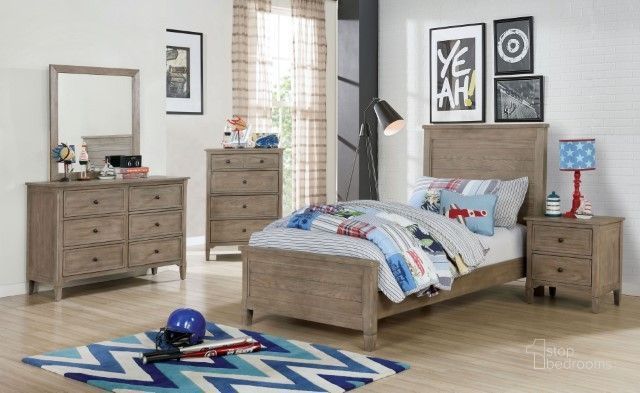 The appearance of Vevey Wire Brushed Warm Gray Youth Panel Bedroom Set designed by Furniture of America in the transitional interior design. This beige and gray piece of furniture  was selected by 1StopBedrooms from Vevey Collection to add a touch of cosiness and style into your home. Sku: FOA7175T-HB;FOA7175T-FB;FOA7175T-R;FOA7175N. Material: Wood. Product Type: Bedroom Set. Bed Size: Twin. Image1