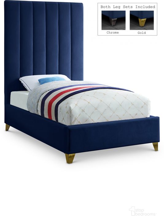 The appearance of Via Velvet Twin Bed In Navy designed by Meridian in the modern / contemporary interior design. This navy piece of furniture  was selected by 1StopBedrooms from Via Collection to add a touch of cosiness and style into your home. Sku: ViaNavy-T-1;ViaNavy-T-2. Bed Type: Platform Bed. Product Type: Platform Bed. Bed Size: Twin. Material: Velvet. Image1