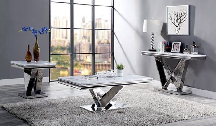 The appearance of Villarsglane Chrome Occasional Table Set designed by Furniture of America in the glam interior design. This silver piece of furniture  was selected by 1StopBedrooms from Villarsglane Collection to add a touch of cosiness and style into your home. Sku: CM4284C-1;CM4284C-2;CM4284C-3;CM4284E-1;CM4284E-2;CM4284E-3. Product Type: Occasional Table Set. Material: Stainless Steel. Image1