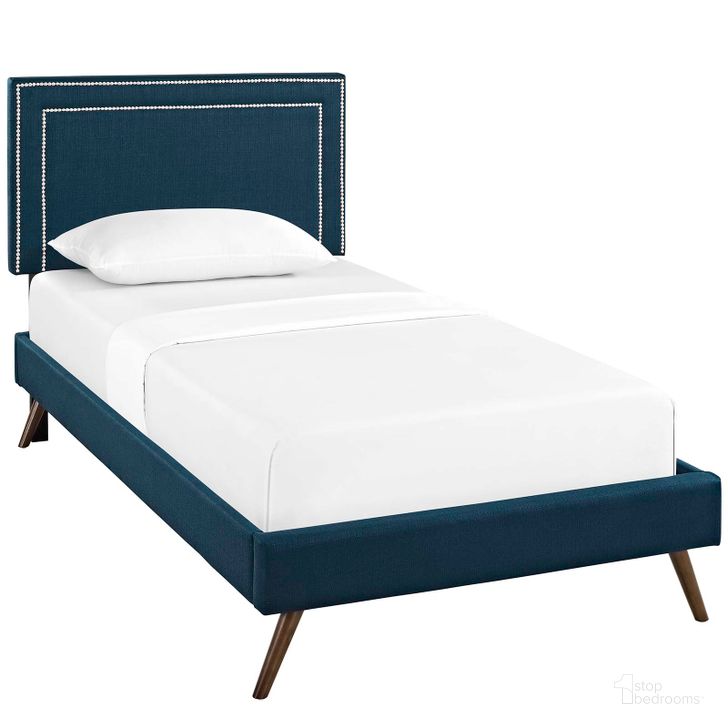 The appearance of Virginia Azure Twin Fabric Platform Bed with Round Splayed Legs designed by Modway in the modern / contemporary interior design. This azure piece of furniture  was selected by 1StopBedrooms from Virginia Collection to add a touch of cosiness and style into your home. Sku: MOD-5911-AZU. Bed Type: Platform Bed. Material: Wood. Product Type: Platform Bed. Bed Size: Twin. Image1