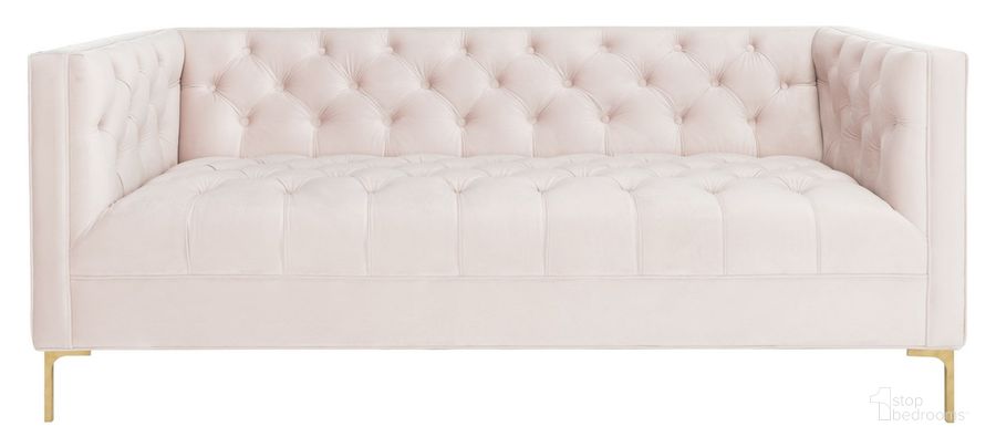 The appearance of Vydia Tufted Sofa In Blush And Gold designed by Safavieh Couture in the modern / contemporary interior design. This blush piece of furniture  was selected by 1StopBedrooms from Vydia Collection to add a touch of cosiness and style into your home. Sku: SFA1002A. Material: Metal. Product Type: Sofa. Image1