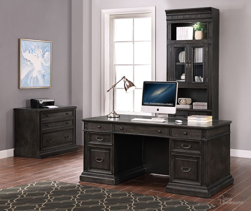 The appearance of Washington Heights Washed Charcoal Double Pedestal Executive Home Office Set designed by Parker House in the transitional interior design. This brown piece of furniture  was selected by 1StopBedrooms from Washington Heights Collection to add a touch of cosiness and style into your home. Sku: WAS#480;WAS#481;WAS#482;WAS#476F. Material: Wood. Product Type: Home Office Set. Image1