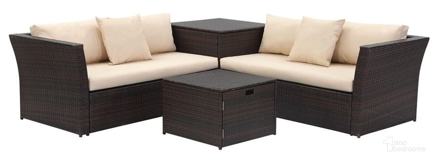 The appearance of Welch Brown and Beige Outdoor Living Sectional Set with Storage designed by Safavieh in the modern / contemporary interior design. This brown and beige piece of furniture  was selected by 1StopBedrooms from Safavieh PAT Collection to add a touch of cosiness and style into your home. Sku: PAT2513A. Product Type: Outdoor Conversation Set. Image1