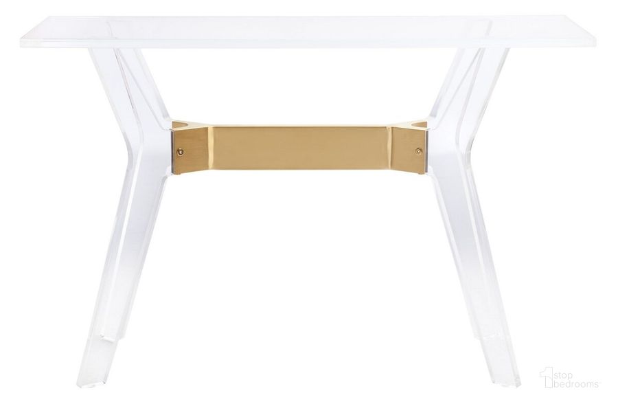 The appearance of Werner Acrylic Console Table In Brass designed by Safavieh Couture in the modern / contemporary interior design. This brass piece of furniture  was selected by 1StopBedrooms from Werner Collection to add a touch of cosiness and style into your home. Sku: SFV2559A. Product Type: Console Table. Material: Stainless Steel. Image1