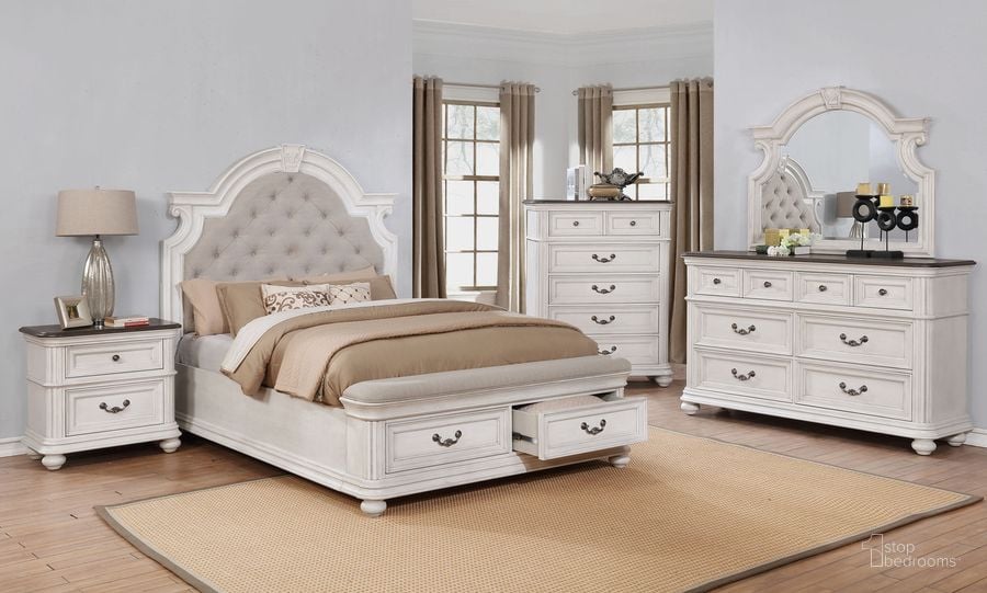The appearance of West Chester Weathered Oak Upholstered Panel Storage Bedroom Set designed by Avalon Furniture in the transitional interior design. This oak and white piece of furniture  was selected by 1StopBedrooms from West Chester Collection to add a touch of cosiness and style into your home. Sku: B0162N 6UH;B0162N 6SF;B0162N 56SR;B0162N N. Product Type: Bedroom Set. Bed Size: King. Material: Solid Pine. Image1