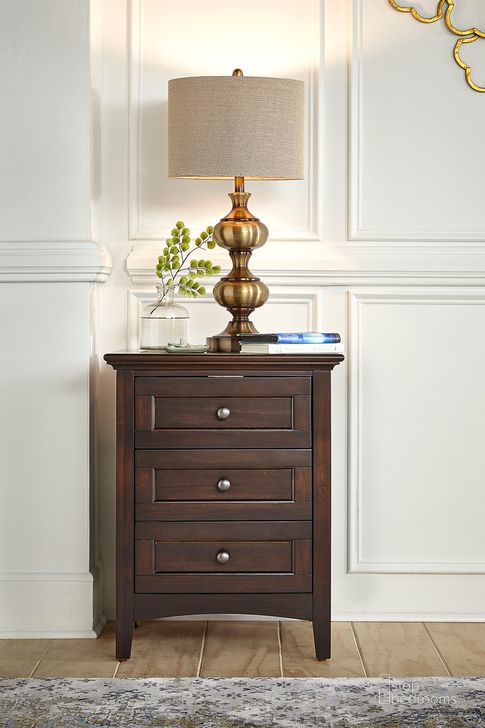 The appearance of Westlake 3 Drawer Nightstand In Dark Mahogany designed by A-America in the transitional interior design. This dark mahogany piece of furniture  was selected by 1StopBedrooms from Westlake Collection to add a touch of cosiness and style into your home. Sku: WSLDM5750. Material: Wood. Product Type: Nightstand. Image1
