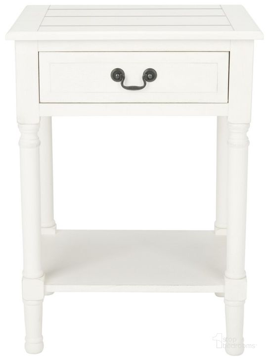 The appearance of Whitney 1 Drawer Accent Table in Distressed White designed by Safavieh in the modern / contemporary interior design. This distressed white piece of furniture  was selected by 1StopBedrooms from Whitney Collection to add a touch of cosiness and style into your home. Sku: ACC5705A. Material: Wood. Product Type: Accent Table. Image1