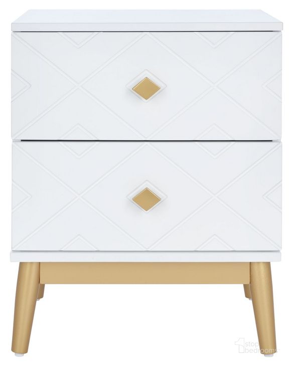 The appearance of Wilfred 2 Drawer Patterned Night Stand in White and Gold designed by Safavieh in the transitional interior design. This white and gold piece of furniture  was selected by 1StopBedrooms from Wilfred Collection to add a touch of cosiness and style into your home. Sku: NST5009A. Material: Wood. Product Type: Nightstand. Image1