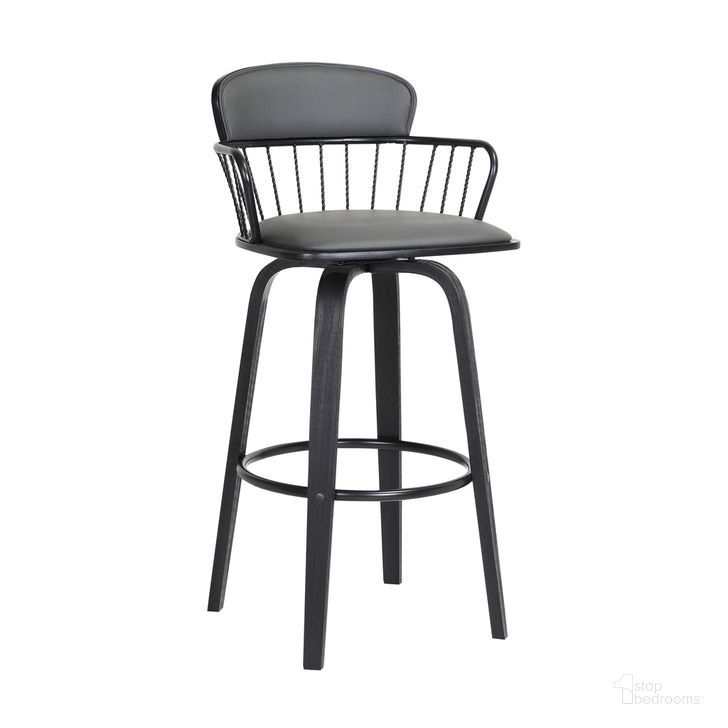 The appearance of Willow 25.5 Inch Swivel Black Wood Counter Stool In Gray Faux Leather with Black Metal designed by Armen Living in the modern / contemporary interior design. This gray piece of furniture  was selected by 1StopBedrooms from Willow Collection to add a touch of cosiness and style into your home. Sku: LCWIBABLKGRY26. Material: Faux Leather. Product Type: Barstool. Image1