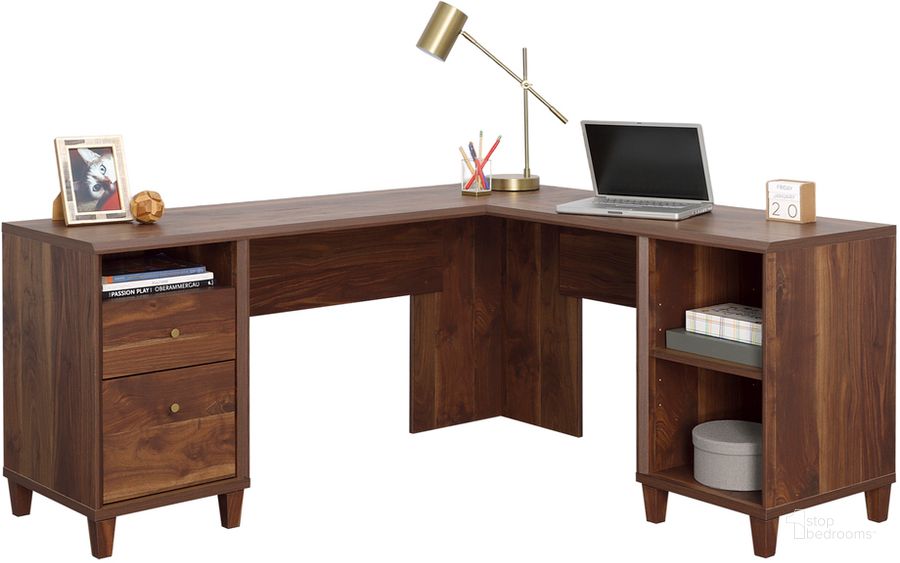 The appearance of Willow Place L-Shaped Desk In Grand Walnut designed by Sauder in the transitional interior design. This grand walnut piece of furniture  was selected by 1StopBedrooms from Willow Place Collection to add a touch of cosiness and style into your home. Sku: 433812. Product Type: Desk. Material: Engineered Wood. Image1