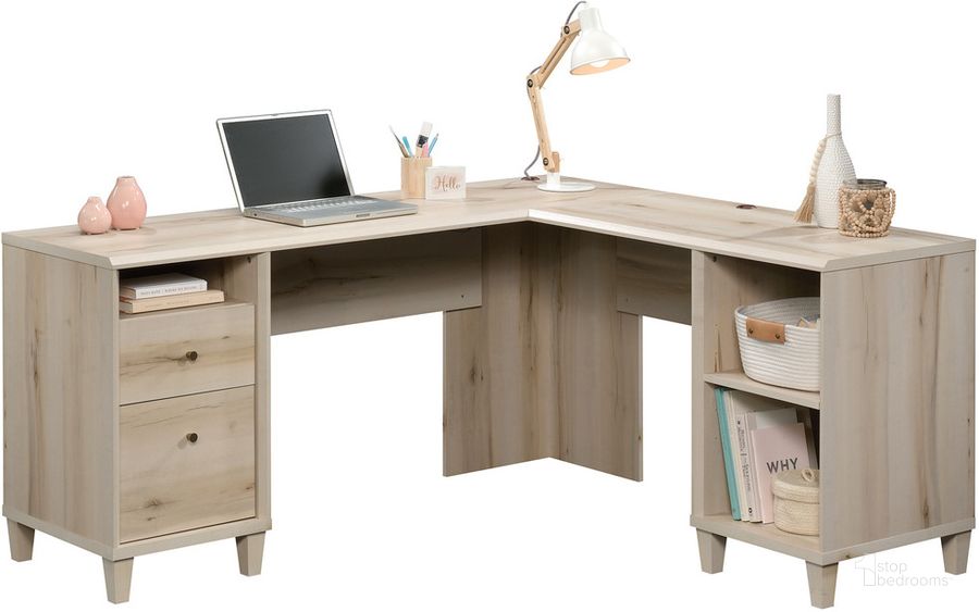 The appearance of Willow Place L-Shaped Desk In Pacific Maple designed by Sauder in the transitional interior design. This pacific maple piece of furniture  was selected by 1StopBedrooms from Willow Place Collection to add a touch of cosiness and style into your home. Sku: 425877. Product Type: Desk. Material: Engineered Wood. Image1
