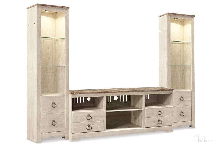 The appearance of Willowton 3-Piece Entertainment Center In White Wash designed by Signature Design by Ashley in the transitional interior design. This white wash piece of furniture  was selected by 1StopBedrooms from Willowton Collection to add a touch of cosiness and style into your home. Sku: W267-24;W267-24;W267-68. Product Type: TV Stand. Image1