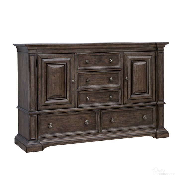 The appearance of Woodbury 5-Drawer Dresser with Cabinets In Cowboy Boots Brown designed by Pulaski in the traditional interior design. This brown piece of furniture  was selected by 1StopBedrooms from Woodbury Collection to add a touch of cosiness and style into your home. Sku: P351100. Product Type: Dresser. Material: Rubberwood. Image1
