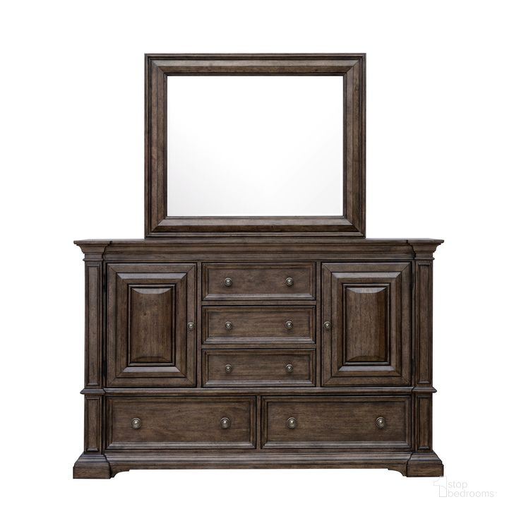 The appearance of Woodbury 5-Drawer with 2 Cabinet Dresser and Mirror Set In Cowboy Boots Brown designed by Pulaski in the traditional interior design. This brown piece of furniture  was selected by 1StopBedrooms from Woodbury Collection to add a touch of cosiness and style into your home. Sku: P351100;P351110. Product Type: Dresser and Mirror. Material: Rubberwood. Image1