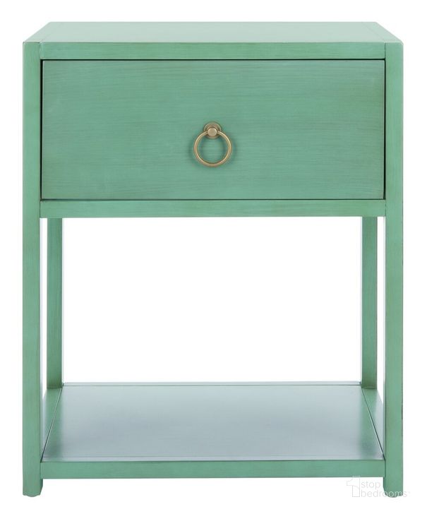 The appearance of Yudi 1 Drawer 1 Shelf Nightstand in Turquoise designed by Safavieh in the modern / contemporary interior design. This turquoise piece of furniture  was selected by 1StopBedrooms from Yudi Collection to add a touch of cosiness and style into your home. Sku: NST9201C. Material: Wood. Product Type: Nightstand. Image1