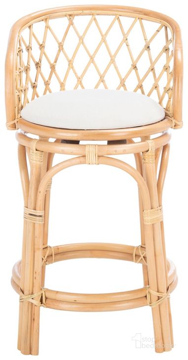 The appearance of Yuta Rattan Counter Stool with Cushion in Natural and White designed by Safavieh in the coastal interior design. This natural/white piece of furniture  was selected by 1StopBedrooms from Yuta Collection to add a touch of cosiness and style into your home. Sku: BST6504A. Material: Wood. Product Type: Barstool. Image1