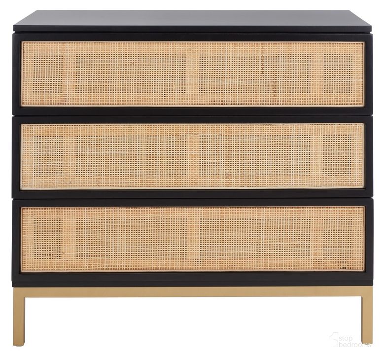 The appearance of Zadie 3 Drawer Rattan Chest in Black designed by Safavieh in the modern / contemporary interior design. This black piece of furniture  was selected by 1StopBedrooms from Zadie Collection to add a touch of cosiness and style into your home. Sku: CHS5004A. Material: Wood. Product Type: Chest. Image1