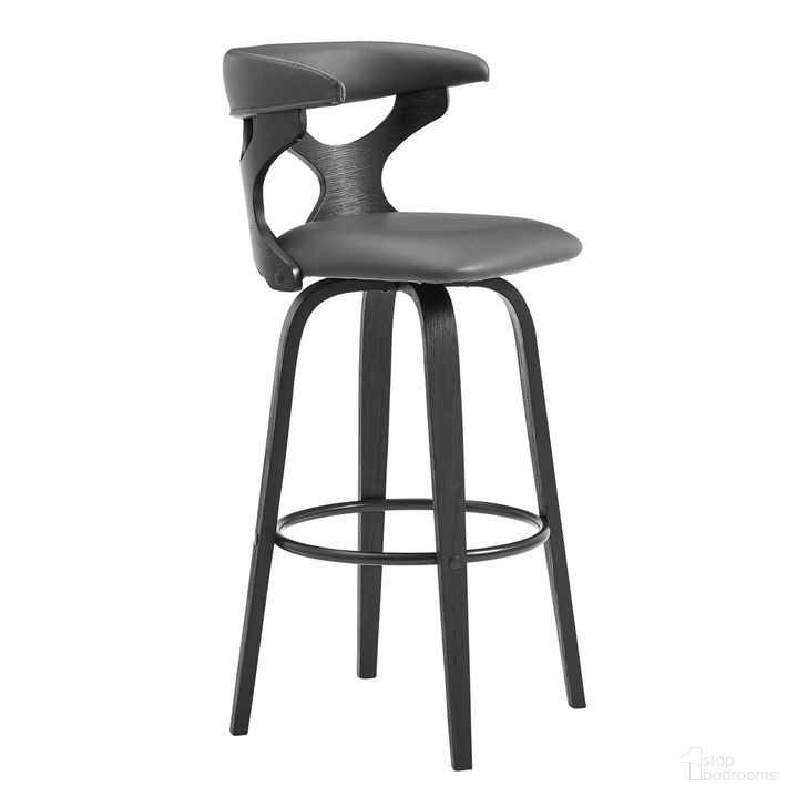 The appearance of Zenia 26 Inch Swivel Counter Stool In Gray Faux Leather and Black Wood designed by Armen Living in the transitional interior design. This gray piece of furniture  was selected by 1StopBedrooms from Zenia Collection to add a touch of cosiness and style into your home. Sku: LCZNBABLGR26. Material: Wood. Product Type: Barstool. Image1