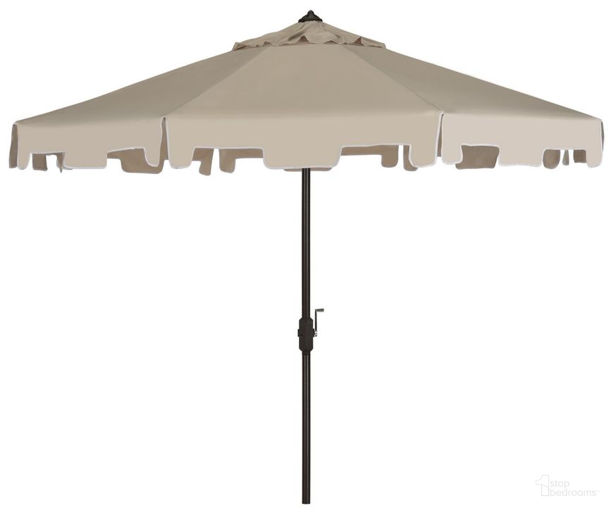 The appearance of Zimmerman Beige 9 Crank Market UV Resistant Umbrella with Flap designed by Safavieh in the modern / contemporary interior design. This beige piece of furniture  was selected by 1StopBedrooms from Zimmerman Collection to add a touch of cosiness and style into your home. Sku: PAT8000C. Material: Aluminum. Product Type: Umbrella. Image1