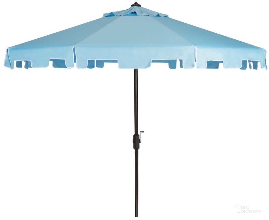 The appearance of Zimmerman Blue 9 Crank Market UV Resistant Umbrella with Flap designed by Safavieh in the modern / contemporary interior design. This blue piece of furniture  was selected by 1StopBedrooms from Zimmerman Collection to add a touch of cosiness and style into your home. Sku: PAT8000D. Material: Aluminum. Product Type: Umbrella. Image1