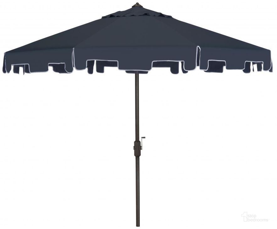 The appearance of Zimmerman Navy 9 Crank Market UV Resistant Umbrella with Flap designed by Safavieh in the modern / contemporary interior design. This navy piece of furniture  was selected by 1StopBedrooms from Zimmerman Collection to add a touch of cosiness and style into your home. Sku: PAT8000A. Material: Aluminum. Product Type: Umbrella. Image1