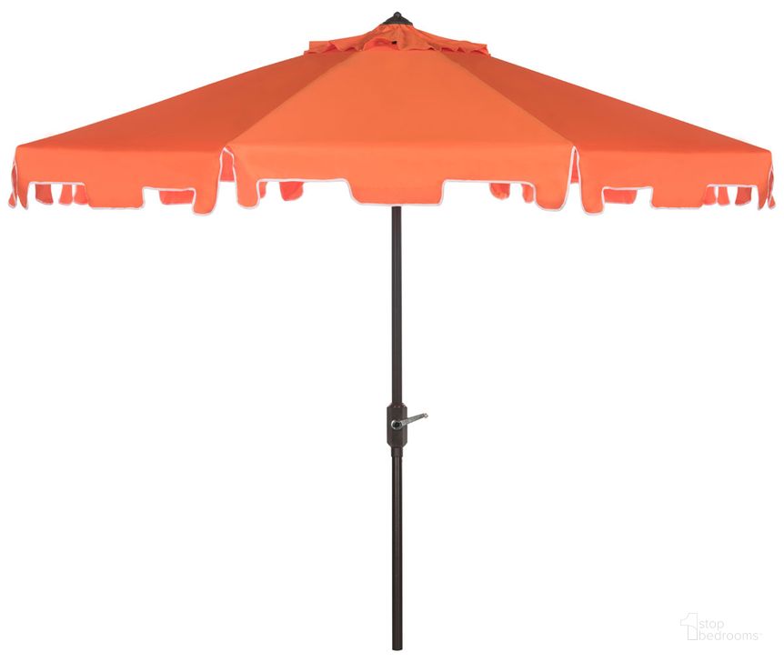 The appearance of Zimmerman Orange and White UV-Resistant 9 Crank Market Auto Tilt Umbrella with Flap designed by Safavieh in the modern / contemporary interior design. This white orange piece of furniture  was selected by 1StopBedrooms from Zimmerman Collection to add a touch of cosiness and style into your home. Sku: PAT8000G. Material: Aluminum. Product Type: Umbrella. Image1