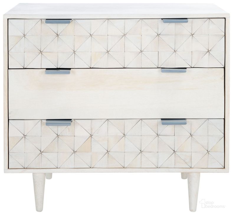 The appearance of Zinnia 3 Drawer Chest in White Wash CHS9000B designed by Safavieh in the modern / contemporary interior design. This white wash piece of furniture  was selected by 1StopBedrooms from Zinnia Collection to add a touch of cosiness and style into your home. Sku: CHS9000B. Material: Wood. Product Type: Chest. Image1