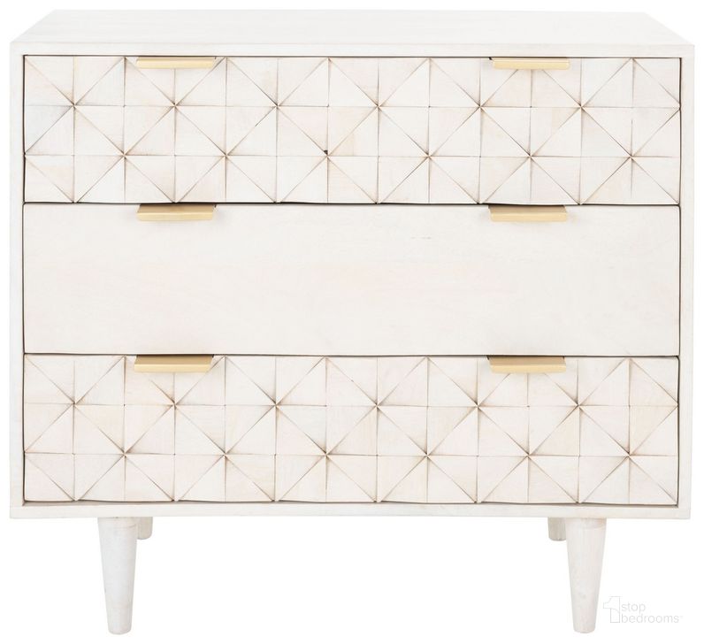 The appearance of Zinnia 3 Drawer Chest in White Wash CHS9000C designed by Safavieh in the modern / contemporary interior design. This white wash piece of furniture  was selected by 1StopBedrooms from Zinnia Collection to add a touch of cosiness and style into your home. Sku: CHS9000C. Material: Wood. Product Type: Chest. Image1