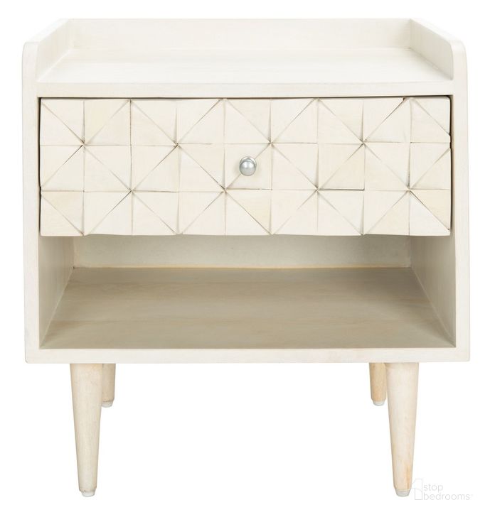 The appearance of Zinnia Nightstand in White Wash NST9000B designed by Safavieh in the transitional interior design. This off white piece of furniture  was selected by 1StopBedrooms from Zinnia Collection to add a touch of cosiness and style into your home. Sku: NST9000B. Material: Wood. Product Type: Nightstand. Image1