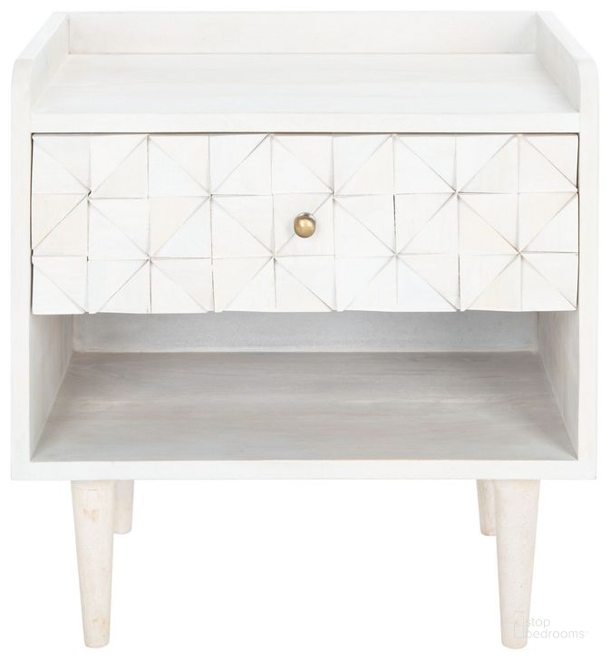 The appearance of Zinnia Nightstand in White Wash NST9000C designed by Safavieh in the transitional interior design. This white wash piece of furniture  was selected by 1StopBedrooms from Zinnia Collection to add a touch of cosiness and style into your home. Sku: NST9000C. Material: Wood. Product Type: Nightstand. Image1