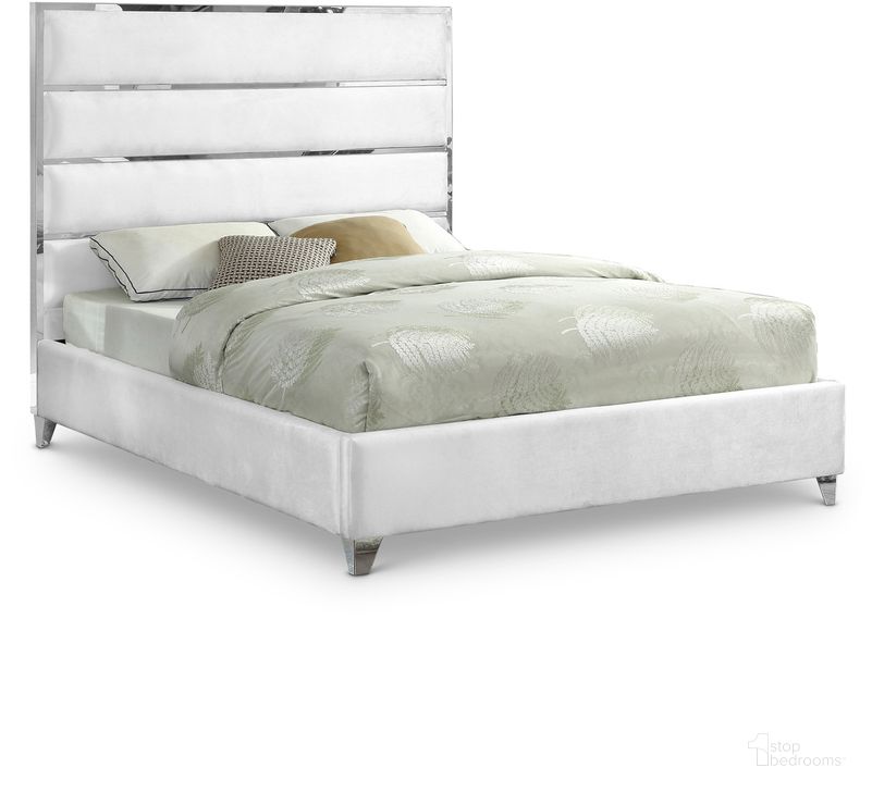 The appearance of Zuma Velvet King Bed In White designed by Meridian in the modern / contemporary interior design. This white piece of furniture  was selected by 1StopBedrooms from Zuma Collection to add a touch of cosiness and style into your home. Sku: ZumaWhite-K-1;ZumaWhite-K-2. Product Type: Bed. Bed Size: King. Material: Velvet. Image1