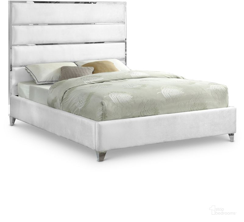 The appearance of Zuma Velvet Queen Bed In White designed by Meridian in the modern / contemporary interior design. This white piece of furniture  was selected by 1StopBedrooms from Zuma Collection to add a touch of cosiness and style into your home. Sku: ZumaWhite-Q-1;ZumaWhite-Q-2. Product Type: Bed. Bed Size: Queen. Material: Velvet. Image1