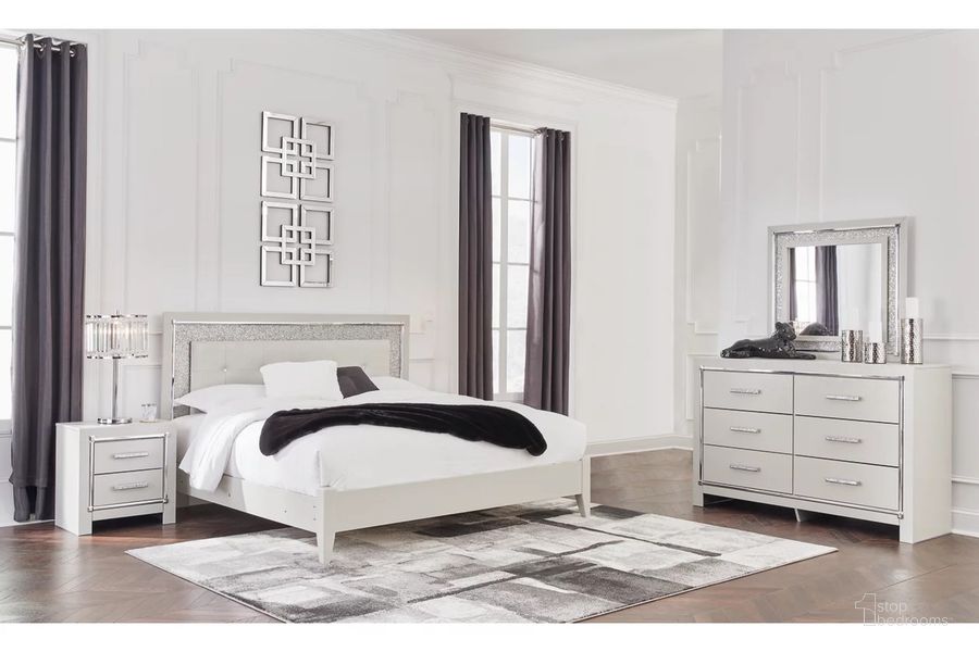 The appearance of Zyniden Bedroom Set In Silver designed by Signature Design by Ashley in the modern / contemporary interior design. This silver piece of furniture  was selected by 1StopBedrooms from Zyniden Collection to add a touch of cosiness and style into your home. Sku: B2114-56;B2114-58;B2114-92. Material: Wood. Product Type: Bedroom Set. Bed Size: King. Image1