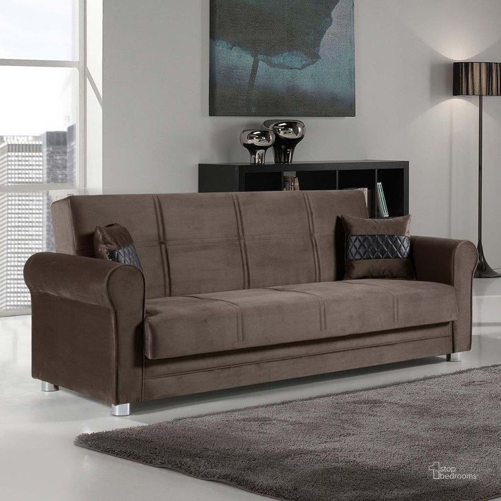 The appearance of Épinal Brown Futon designed by Boho House in the modern / contemporary interior design. This brown piece of furniture  was selected by 1StopBedrooms from Épinal Collection to add a touch of cosiness and style into your home. Sku: SARA-BN-SB. Material: Microfiber. Product Type: Sofa Bed. Image1