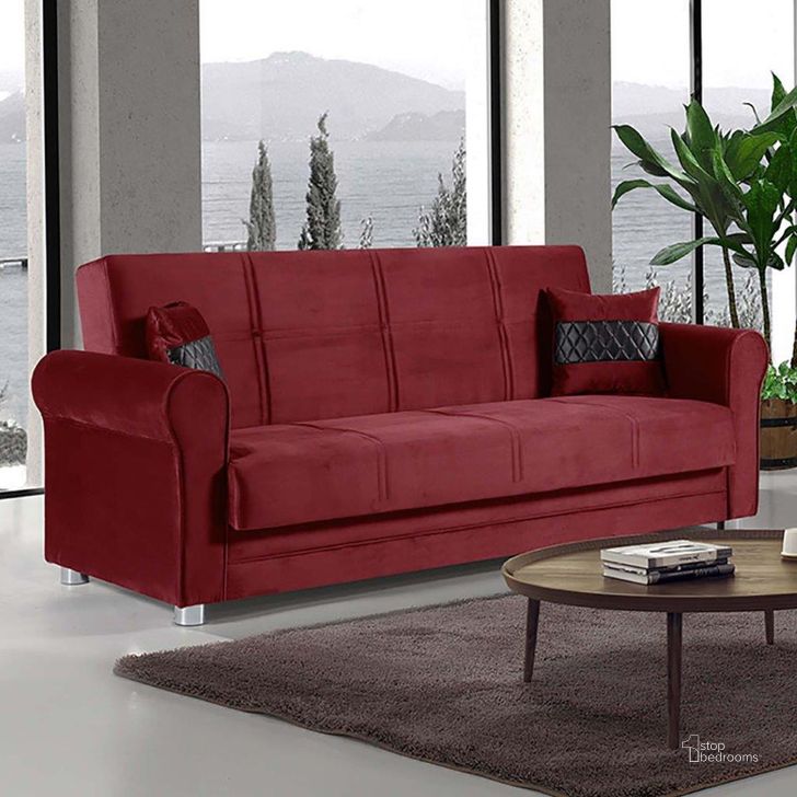 The appearance of Épinal Burgundy Futon designed by Boho House in the modern / contemporary interior design. This burgundy piece of furniture  was selected by 1StopBedrooms from Épinal Collection to add a touch of cosiness and style into your home. Sku: SARA-BUR-SB. Material: Microfiber. Product Type: Sofa Bed. Image1