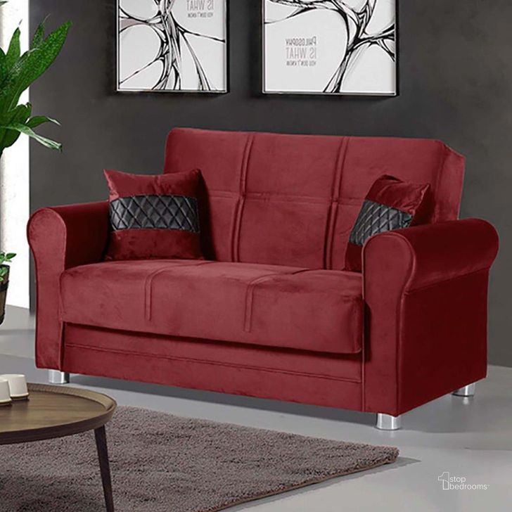 The appearance of Épinal Burgundy Loveseat designed by Boho House in the modern / contemporary interior design. This burgundy piece of furniture  was selected by 1StopBedrooms from Épinal Collection to add a touch of cosiness and style into your home. Sku: SARA-BUR-LS. Material: Microfiber. Product Type: Loveseat. Image1