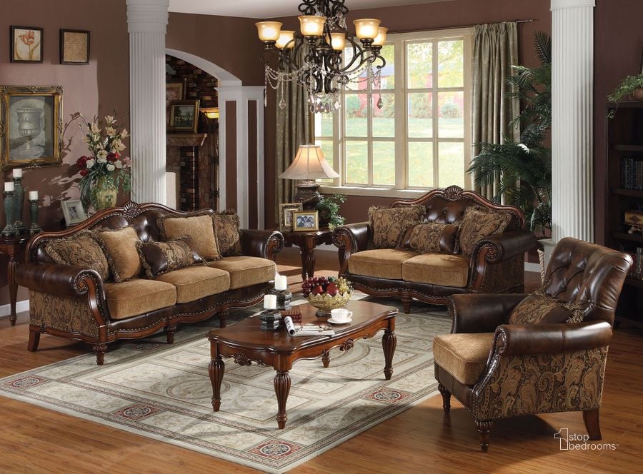 The appearance of Dreena Two Tone Brown Living Room Set designed by ACME in the rustic / southwestern interior design. This brown piece of furniture  was selected by 1StopBedrooms from Dreena Collection to add a touch of cosiness and style into your home. Sku: 05495;05496. Material: Leather. Product Type: Living Room Set. Image1