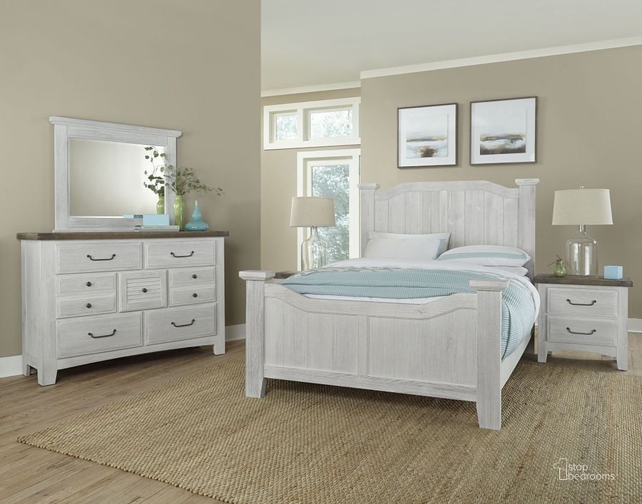 The appearance of Sawmill Alabaster Two-Tone Arched Bedroom Set designed by Vaughan Bassett in the transitional interior design. This gray piece of furniture  was selected by 1StopBedrooms from Sawmill Collection to add a touch of cosiness and style into your home. Sku: 694-558;694-855;694-922;694-226. Bed Type: Poster Bed. Product Type: Poster Bed. Bed Size: Queen. Image1